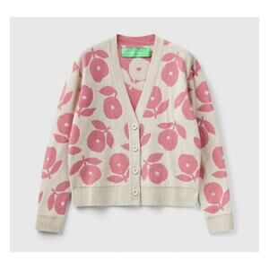 Women’s United Colors Of Benetton Beige Cardigan Sweater W Pink Floral Inlays XS